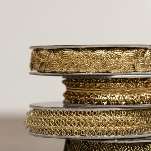 Closeup Stack of Gold ribbon in different with space on the background